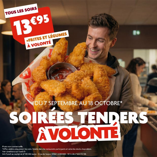 Soirée tenders de poulet croustillants à volonté pour 13,95€